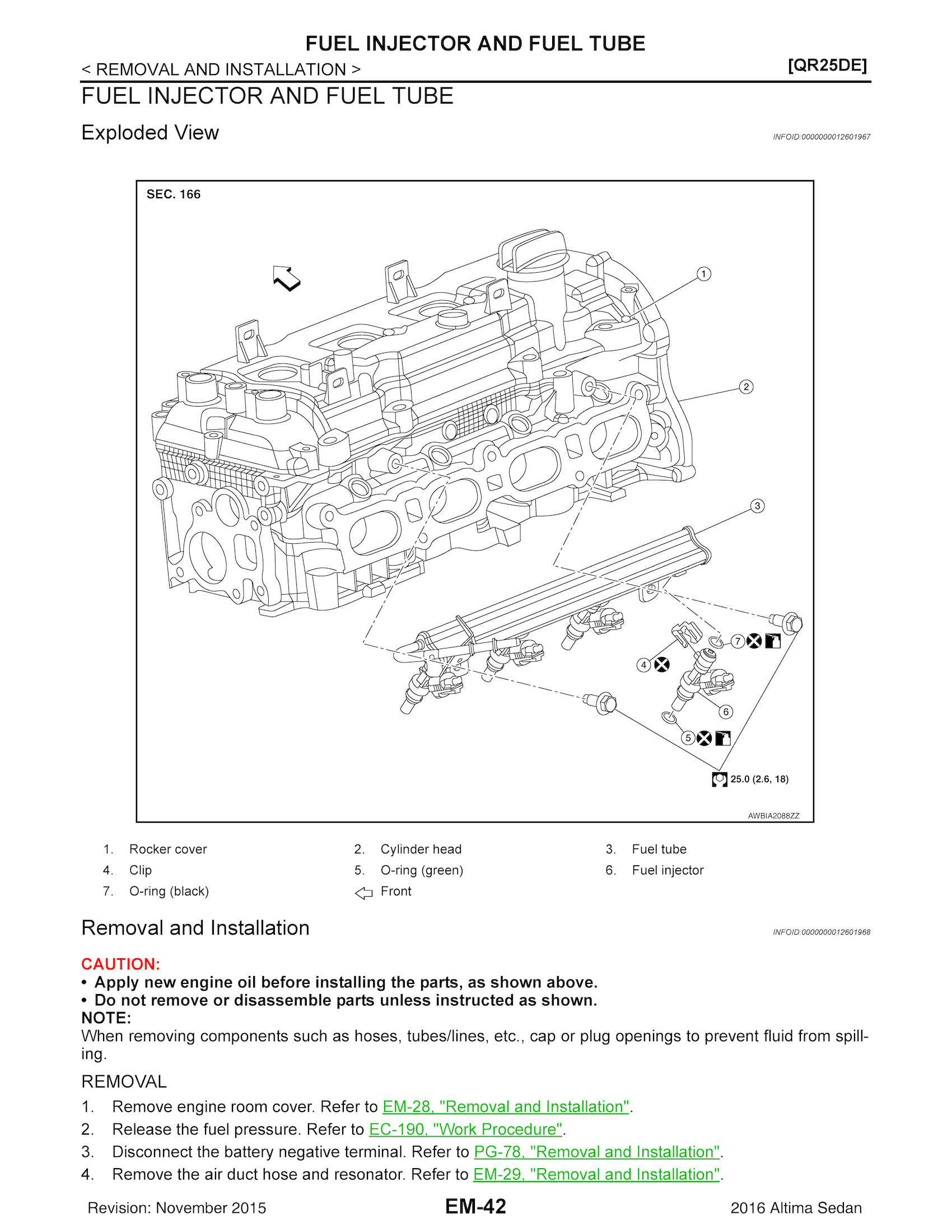 2016 Nissan Altima Repair Manual, Fule Injector and Fule Tube