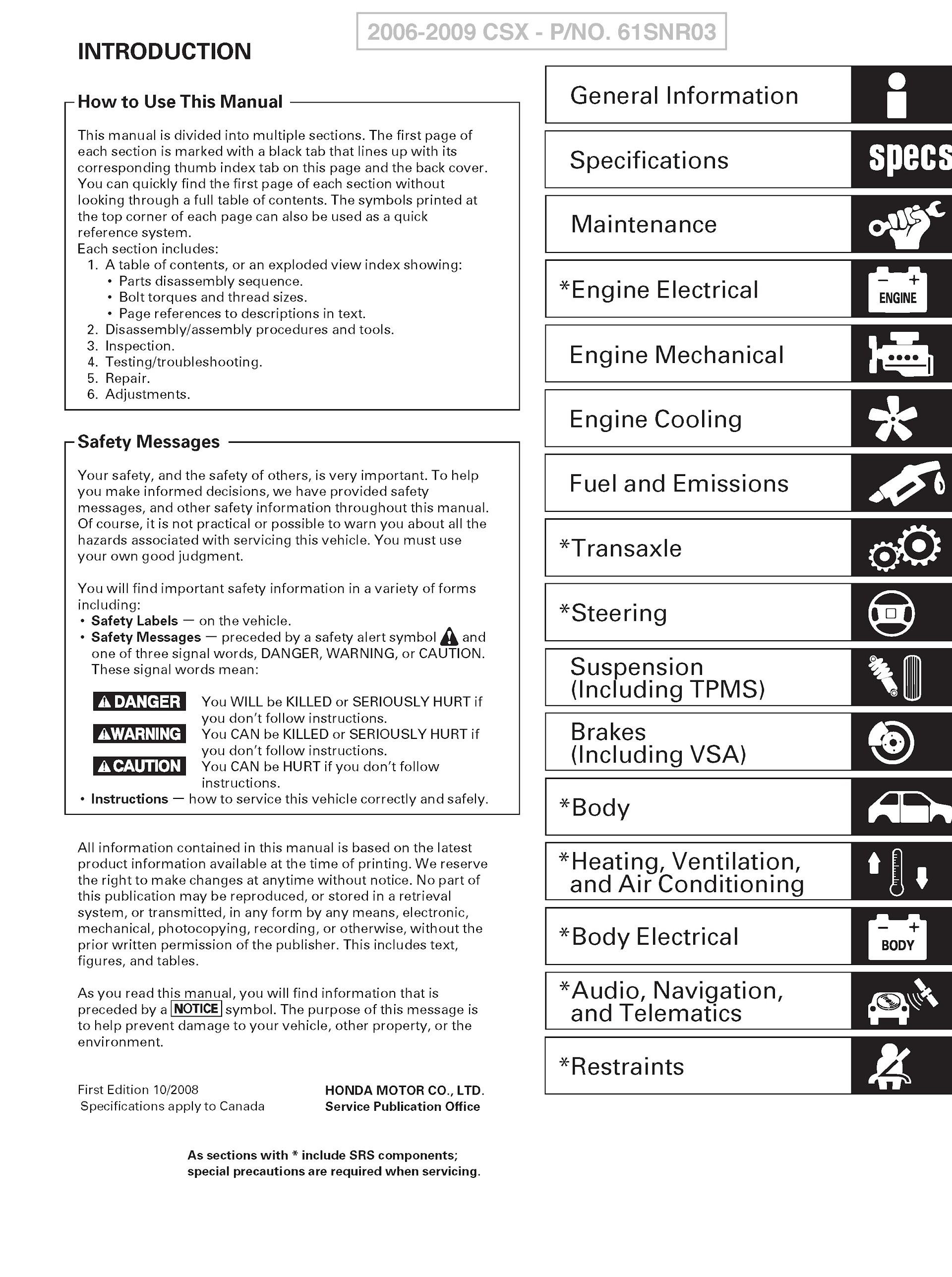 Contents 2009 Acura CSX Repair Manual