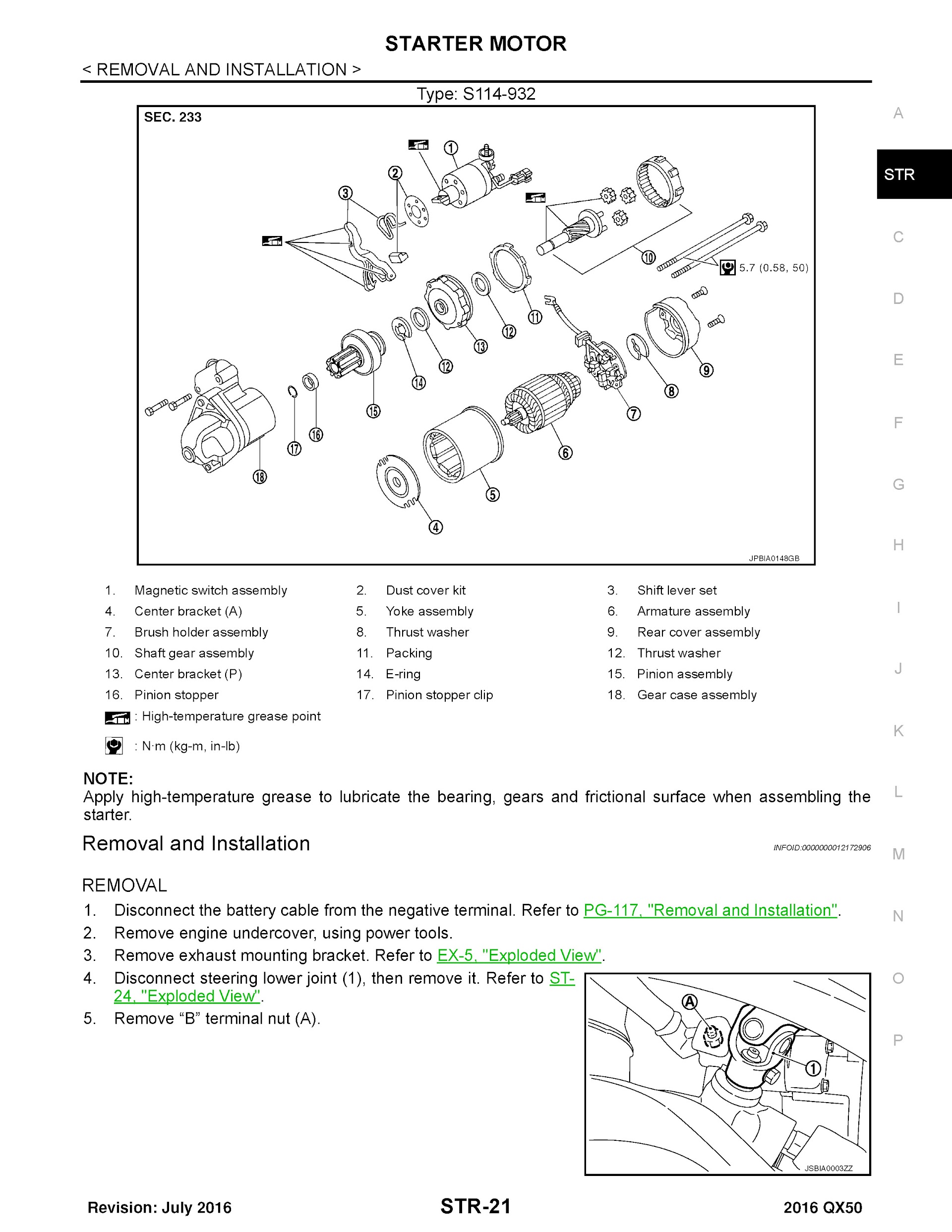 2016 Infiniti QX50 Repair Manual, Starter Motor