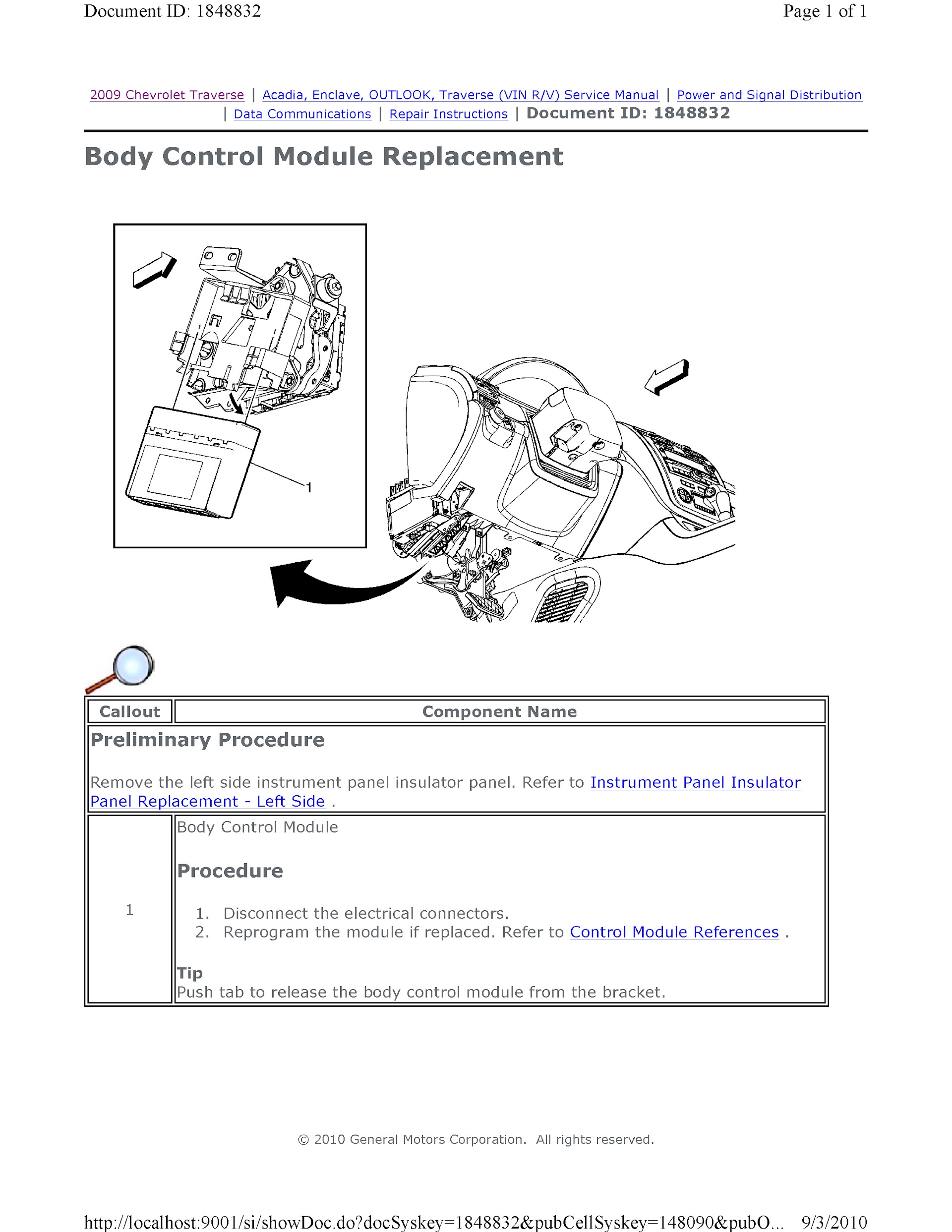 CONTENTS: 2009-2010 Chevrolet Traverse Repair Manual, Body Control Module Repalcement