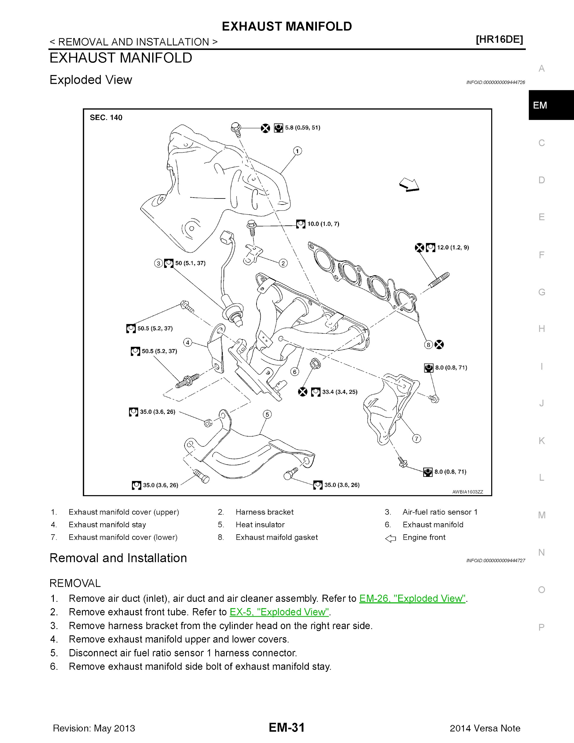 2014 Nissan Versa Note Repair Manual, Exhaust Manifold