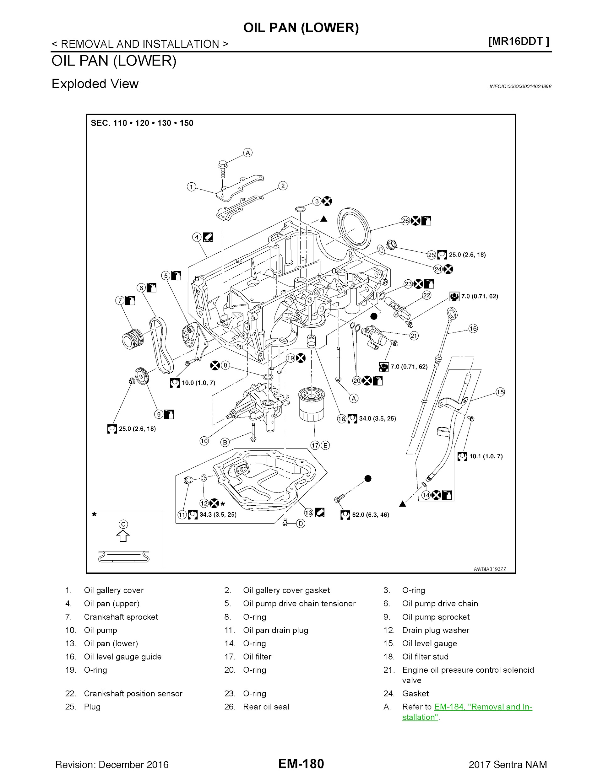 2017 Nissan Sentra Repair Manual, Oil Pan Removal and Installation