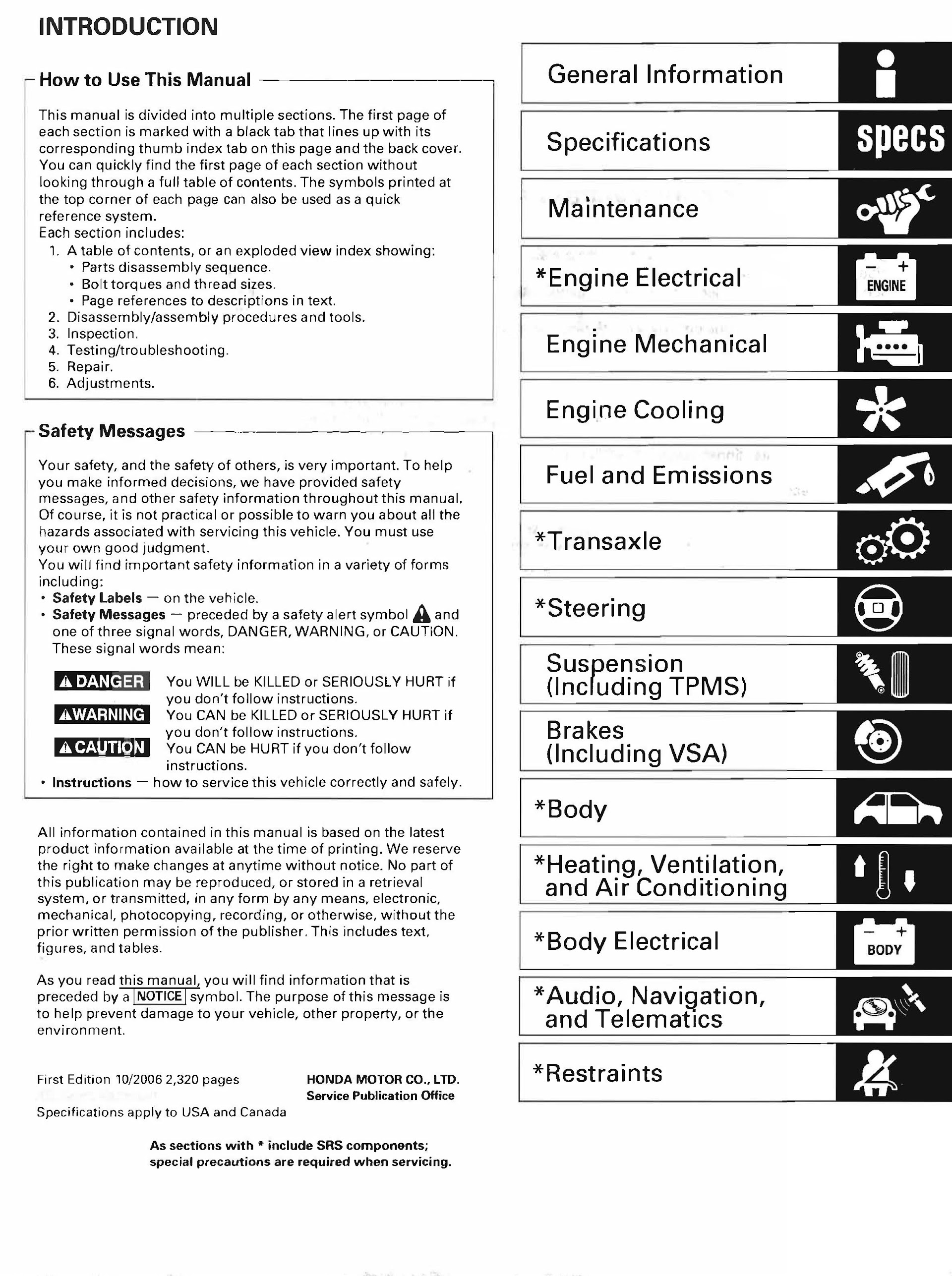 Table of Contents 2007-2011 Honda CR-V Repair Manual
