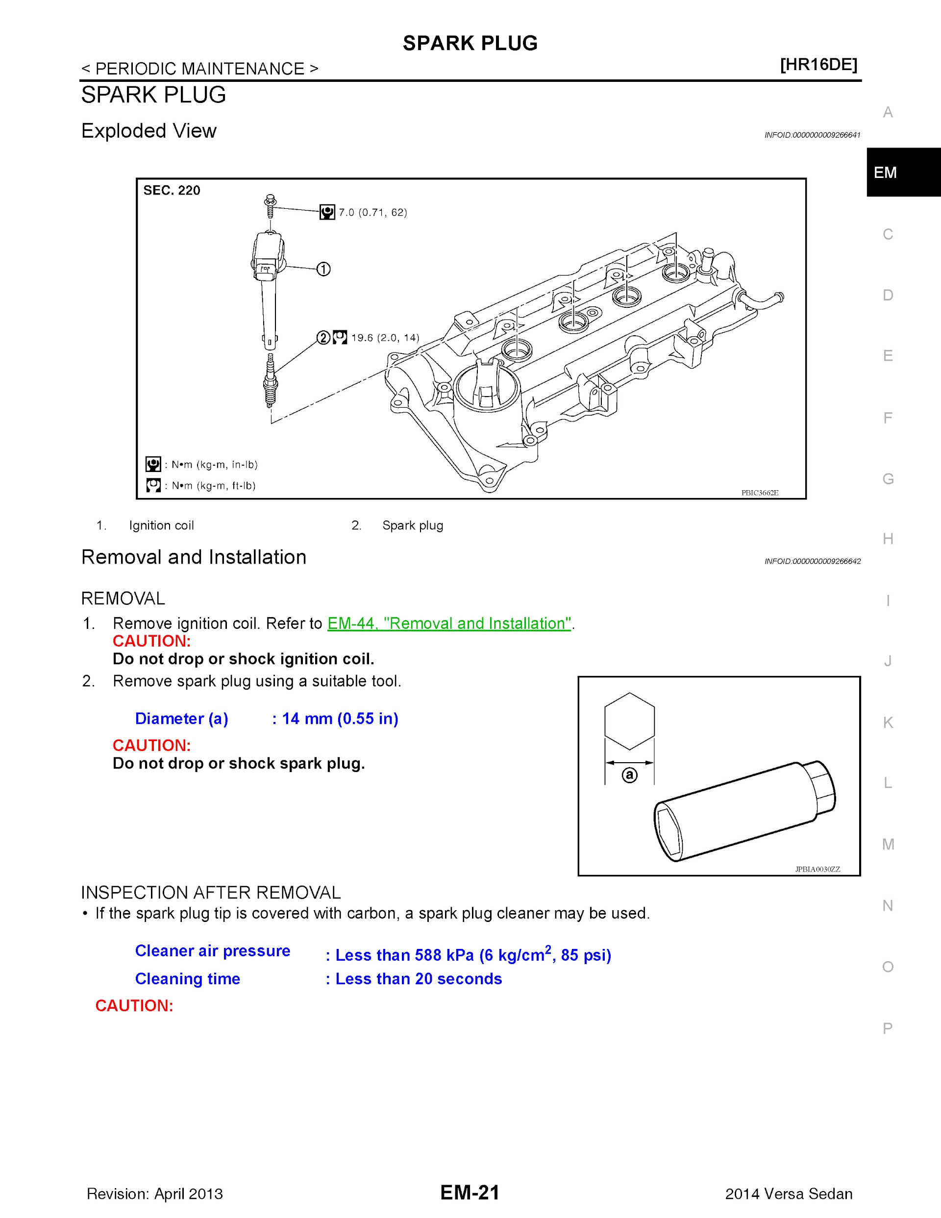 2014 Nissan Versa Sedan Repair Manual, Spark Plug Removal and Installation