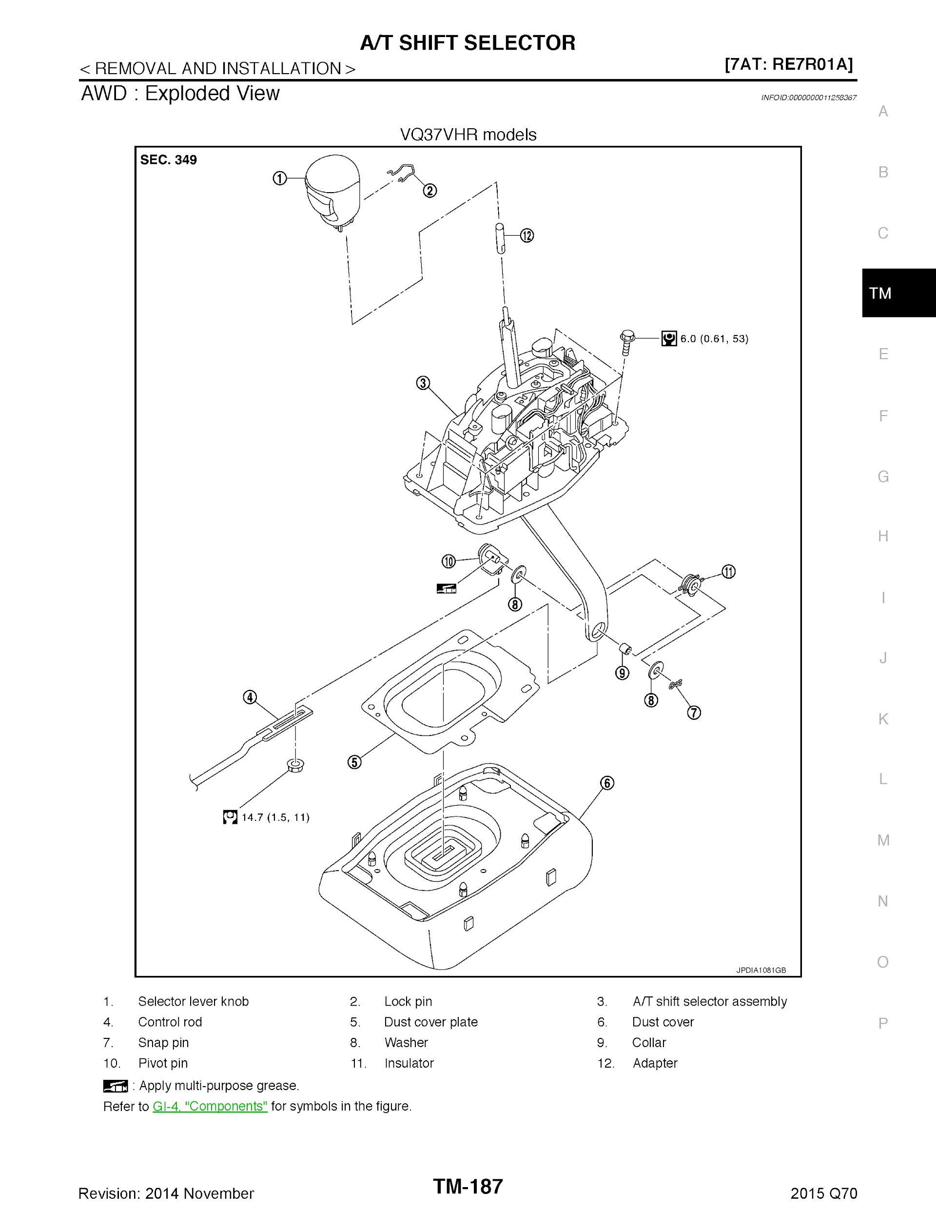 2015 Infiniti Q70 Repair Manual. A/T Shift Selector