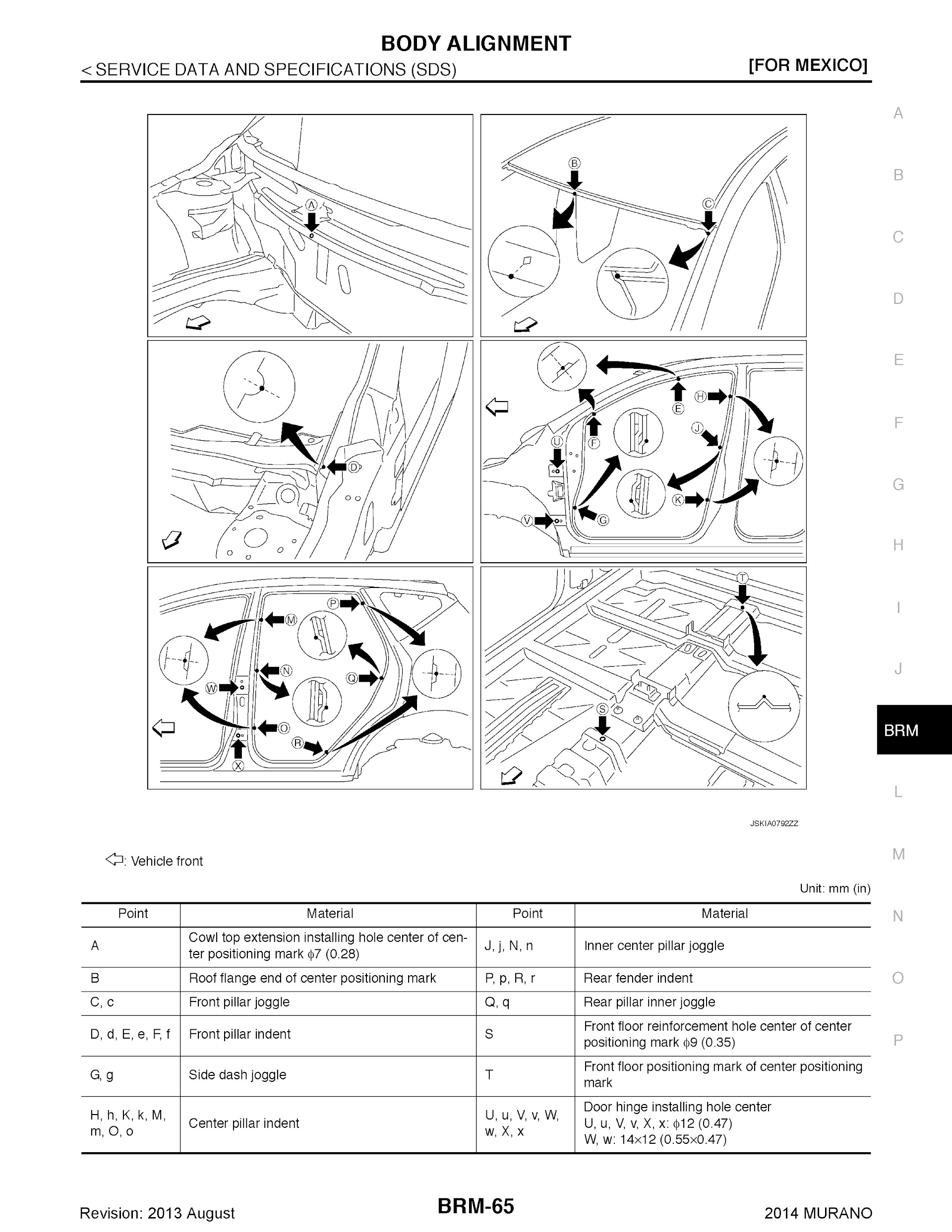 2009-2014 Nissan Murano Repair Manual, Body Alignment