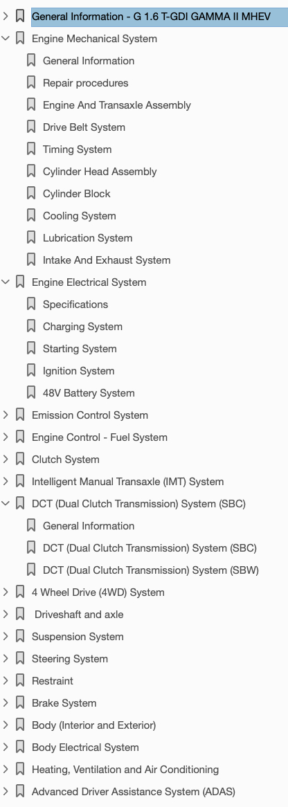 Table of Contents: 2021-2023 Hyundai Tucson Hybrid Repair Manual