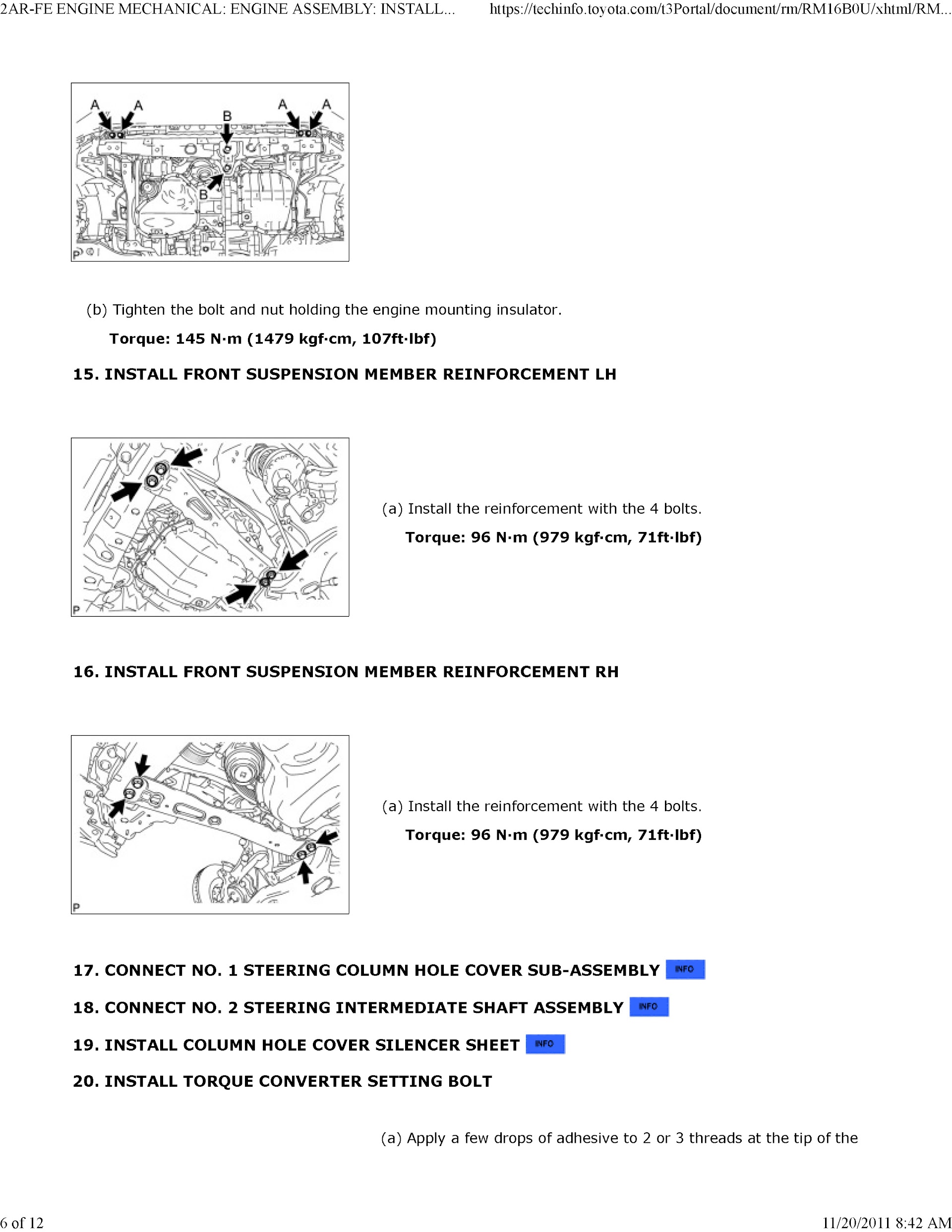 2011-2012 Toyota RAV4 Repair Manual 2AR-FE Engine Mechanical Engine Assembly Installation