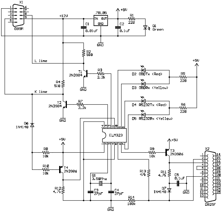 OBD-2 ISO 14230-4 (ISO-9141-2, KWP2000) RS-232 cable schematic pinout