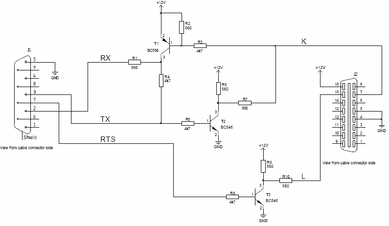 OBD-2 ISO 9141-2 (14230-4, KWP2000) simple RS-232 cable schematic pinout