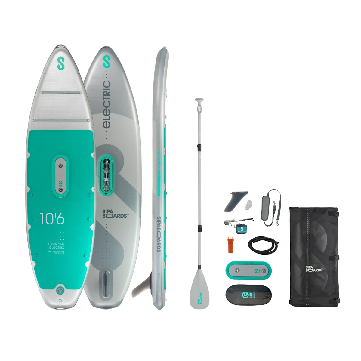 Self-inflating electric stand-up paddleboard Alpha One by SipaBoards with accessories