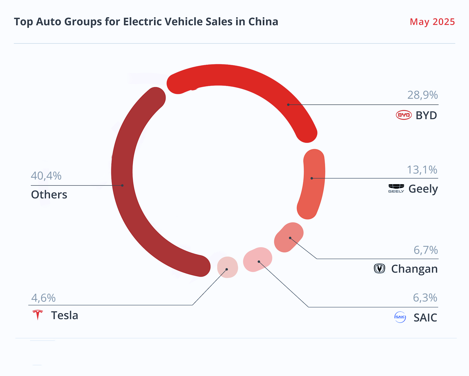 Market share distribution of top electric vehicle auto groups in China in May 2025, showing Tesla with 4.6% share